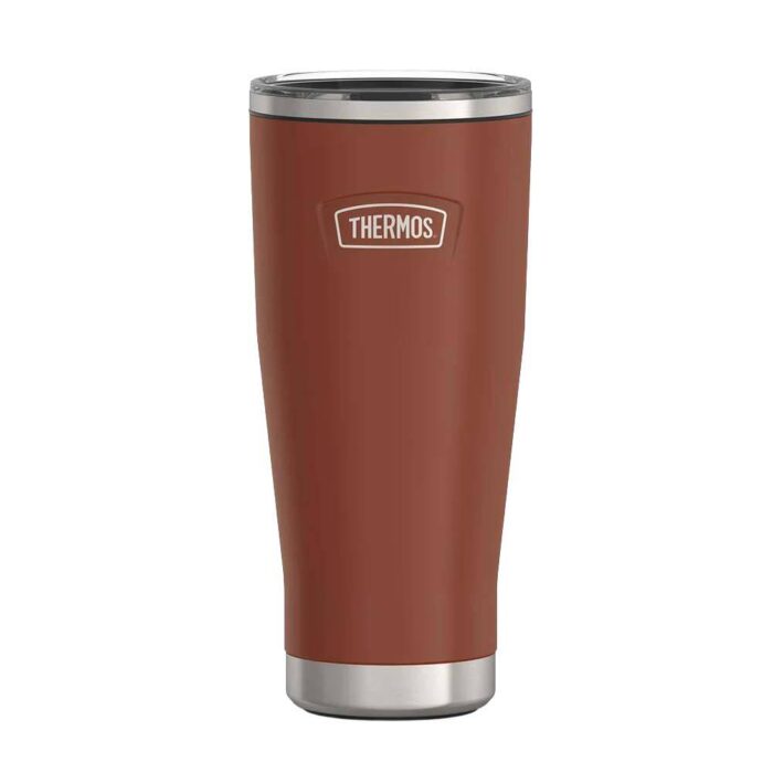 thermos-icon-is115-053l-slide-lock-mug-saddle-wstraw-022977-thermos-is115-125780-77-B 530 ml pipetli, slide kapaklı paslanmaz çelik termos, kahverengi renkli, çift cidarlı vakum yalıtımlı içecek bardağı.